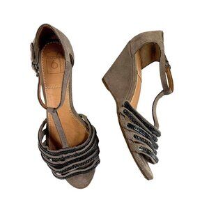 Anthropologie Bacio 61 Taupe Suede Wedge Sandals Chain Strappy